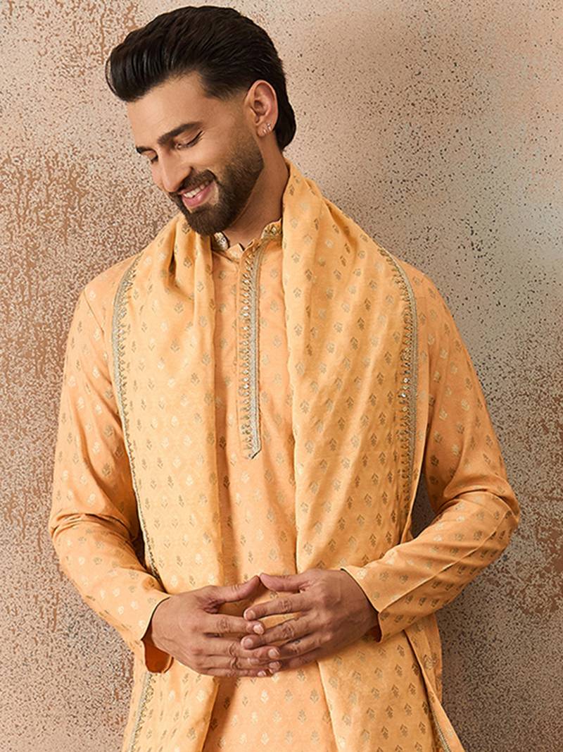 Men peach chanderi silk woven design floral straight kurta sets
