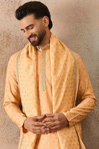 Men peach chanderi silk woven design floral straight kurta sets