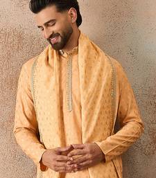 Men peach chanderi silk woven design floral straight kurta sets