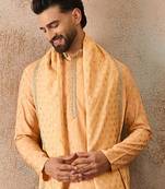 Men peach chanderi silk woven design floral straight kurta sets
