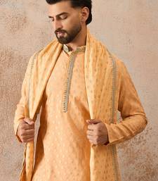 Men peach chanderi silk woven design floral straight kurta sets