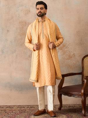 Men peach chanderi silk woven design floral straight kurta sets 2