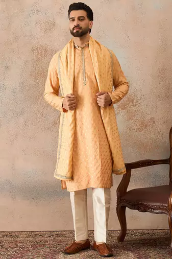 Men peach chanderi silk woven design floral straight kurta sets