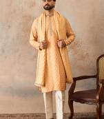 Men peach chanderi silk woven design floral straight kurta sets