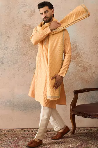 Men peach chanderi silk woven design floral straight kurta sets