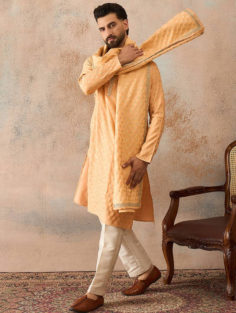 Men peach chanderi silk woven design floral straight kurta sets