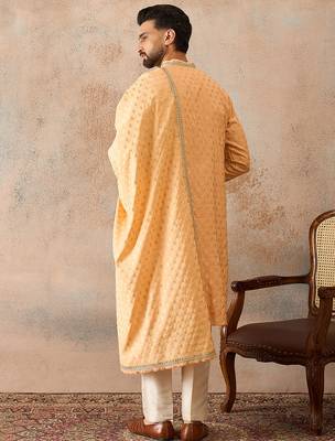 Men peach chanderi silk woven design floral straight kurta sets 4