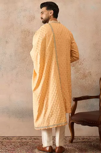 Men peach chanderi silk woven design floral straight kurta sets