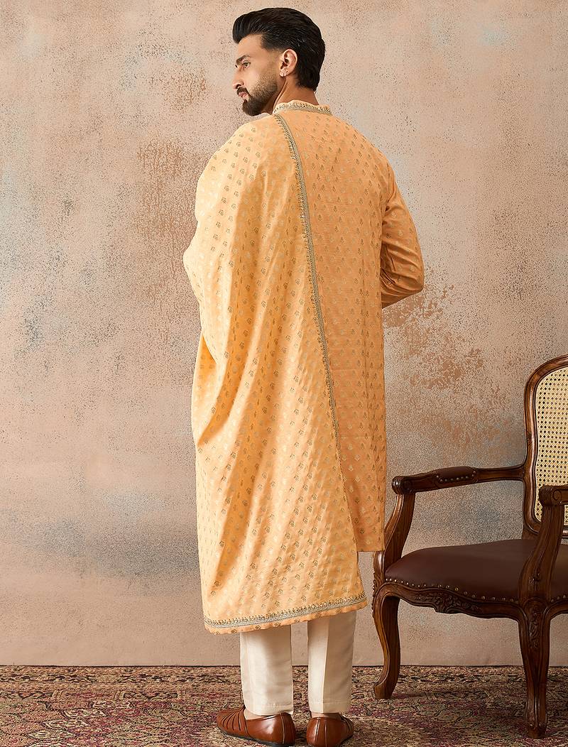 Men peach chanderi silk woven design floral straight kurta sets
