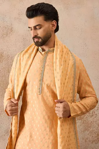 Men peach chanderi silk woven design floral straight kurta sets