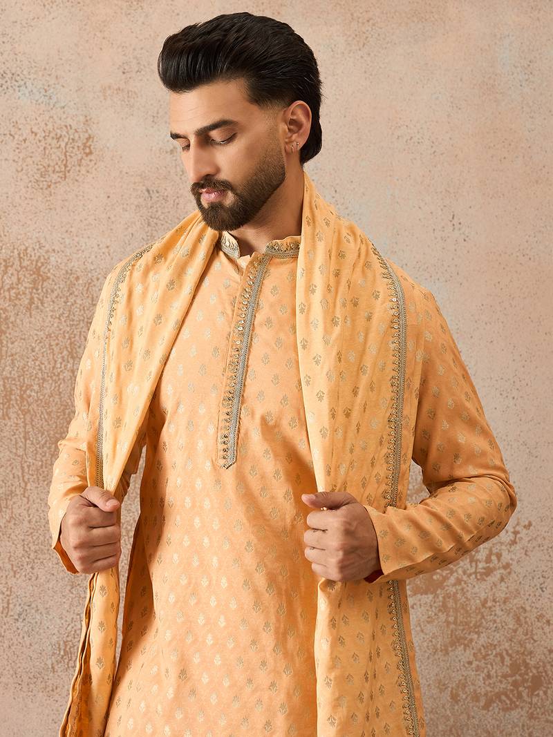 Men peach chanderi silk woven design floral straight kurta sets