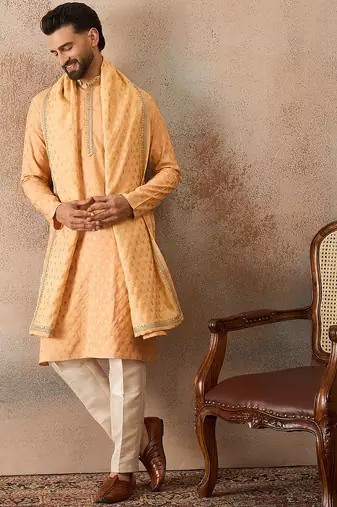 Men peach chanderi silk woven design floral straight kurta sets