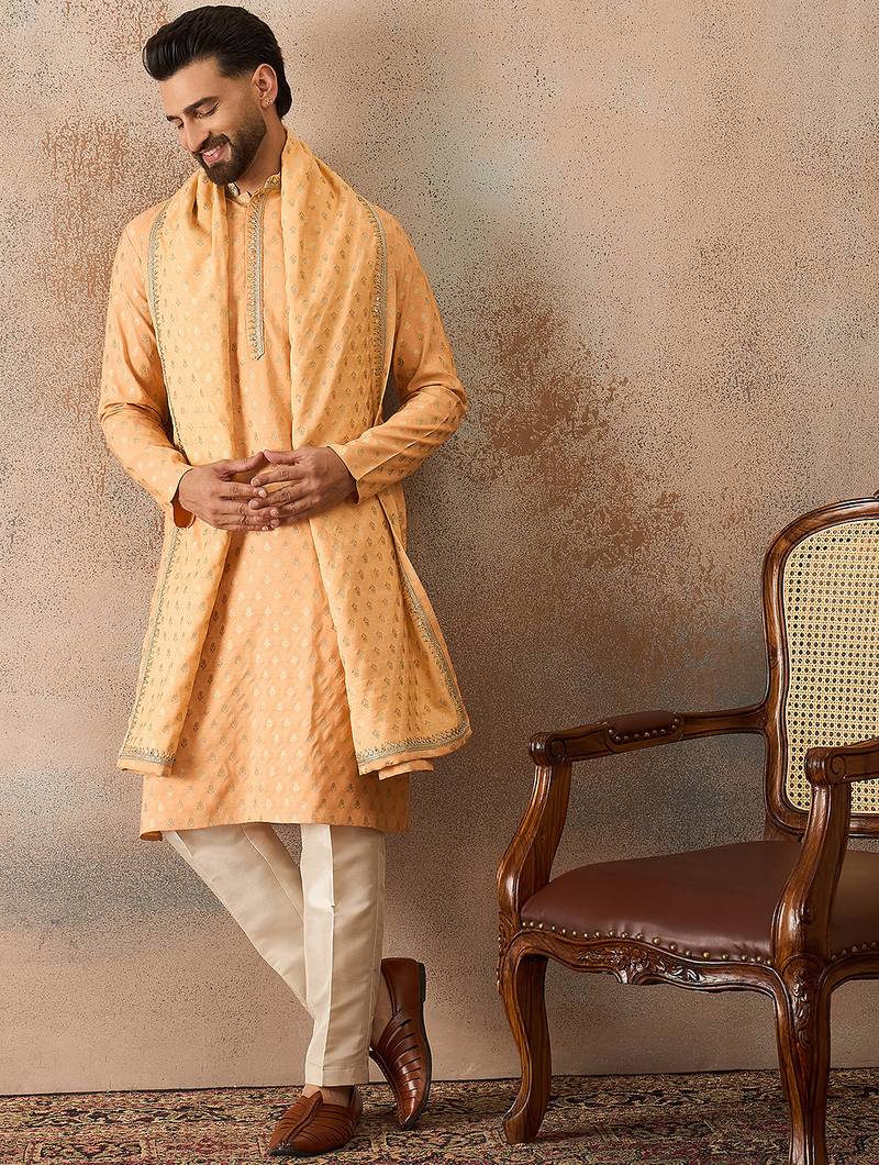 Men peach chanderi silk woven design floral straight kurta sets