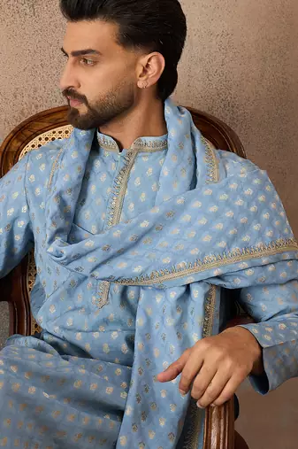 Men blue chanderi silk woven design floral straight kurta sets