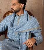 Men blue chanderi silk woven design floral straight kurta sets