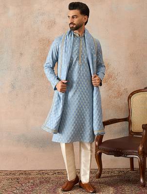 Men blue chanderi silk woven design floral straight kurta sets 2