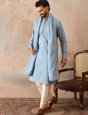 Men blue chanderi silk woven design floral straight kurta sets 3