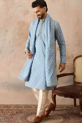 Men blue chanderi silk woven design floral straight kurta sets