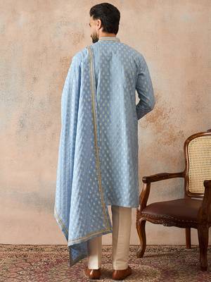 Men blue chanderi silk woven design floral straight kurta sets 4