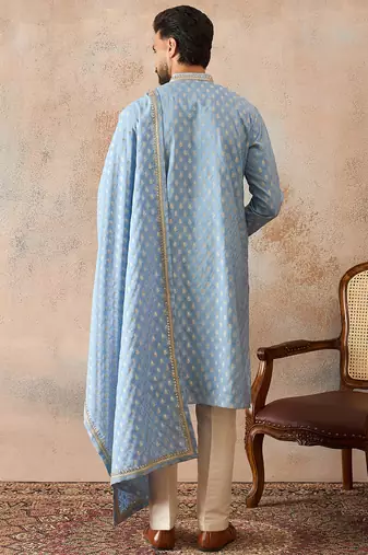 Men blue chanderi silk woven design floral straight kurta sets