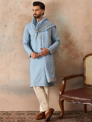 Men blue chanderi silk woven design floral straight kurta sets 5