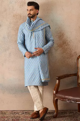 Men blue chanderi silk woven design floral straight kurta sets