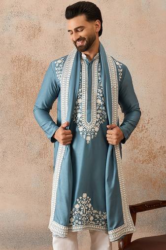 Men blue silk blend woven design floral straight kurta sets