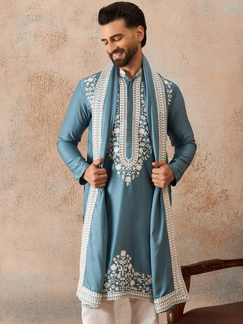 Men blue silk blend woven design floral straight kurta sets