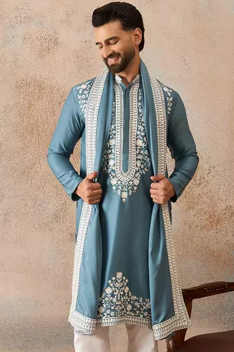 Men blue silk blend woven design floral straight kurta sets