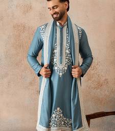 Men blue silk blend woven design floral straight kurta sets