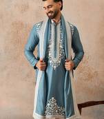 Men blue silk blend woven design floral straight kurta sets