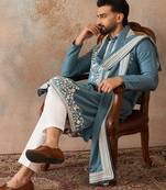 Men blue silk blend woven design floral straight kurta sets