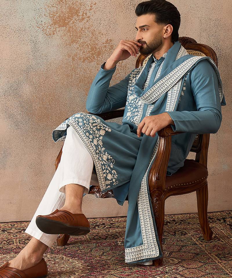 Men blue silk blend woven design floral straight kurta sets