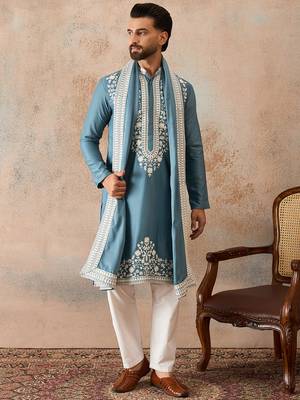 Men blue silk blend woven design floral straight kurta sets 2