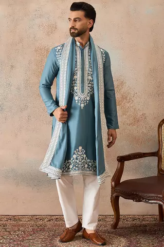 Men blue silk blend woven design floral straight kurta sets