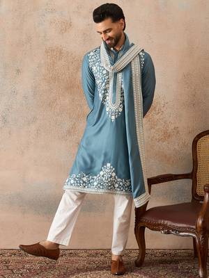 Men blue silk blend woven design floral straight kurta sets 3