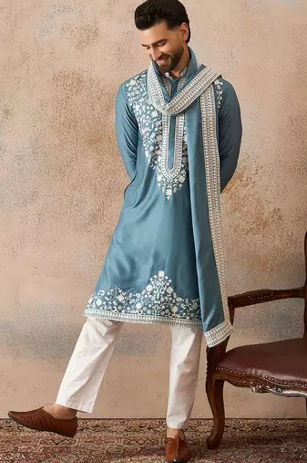 Men blue silk blend woven design floral straight kurta sets