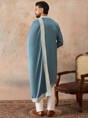 Men blue silk blend woven design floral straight kurta sets 4