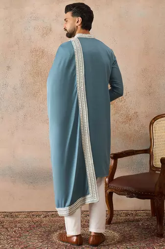 Men blue silk blend woven design floral straight kurta sets