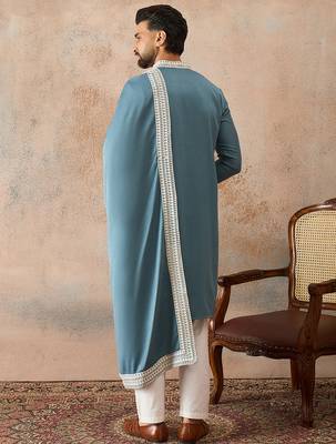 Men blue silk blend woven design floral straight kurta sets 4