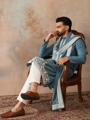 Men blue silk blend woven design floral straight kurta sets 5