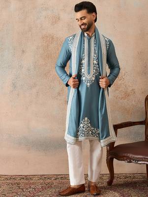 Men blue silk blend woven design floral straight kurta sets 5
