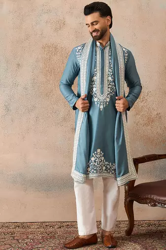 Men blue silk blend woven design floral straight kurta sets