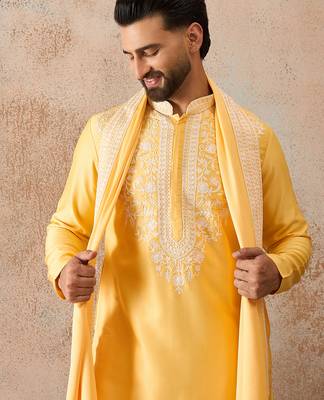 Men yellow silk blend woven design floral straight kurta sets 1