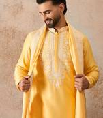 Men yellow silk blend woven design floral straight kurta sets