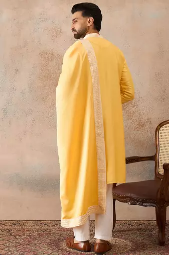 Men yellow silk blend woven design floral straight kurta sets