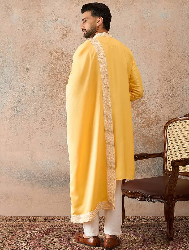 Men yellow silk blend woven design floral straight kurta sets