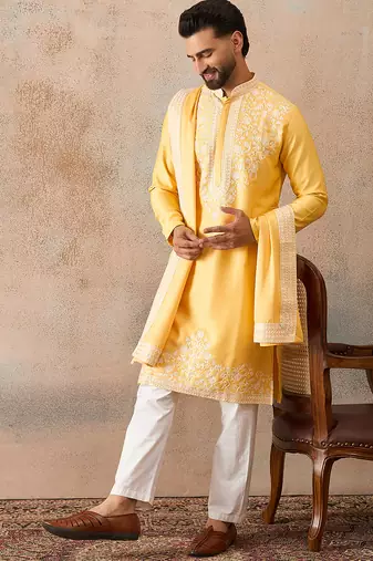 Men yellow silk blend woven design floral straight kurta sets