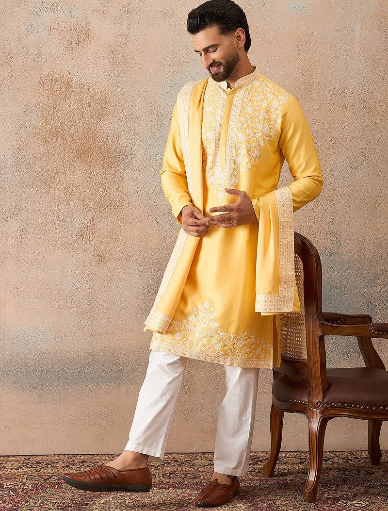 Men yellow silk blend woven design floral straight kurta sets