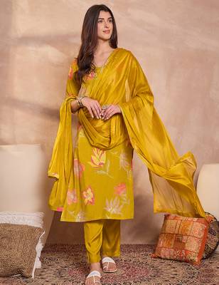 Women yellow viscose floral printed straight kurta sets 3